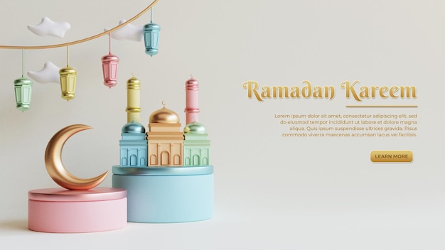 Ramadan kareem-grußhintergrund mit realistischer und bunter 3d-islamischer festlicher dekoration