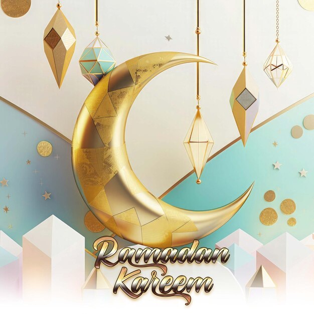 PSD ramadan kareem grußkartenvorlage mit islamischem 3d-goldmond und geometrischem muster eid al-fitr