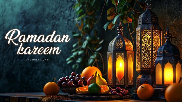 Ramadan Kareem Hintergrundbanner-Design mit islamischen Dekorationslampen und Iftar-Artikeln