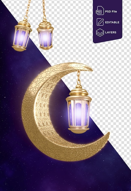 Ramadan kareem hintergrundlaternen und golden verzierter halbmond ramzan mubarak lila hintergrund