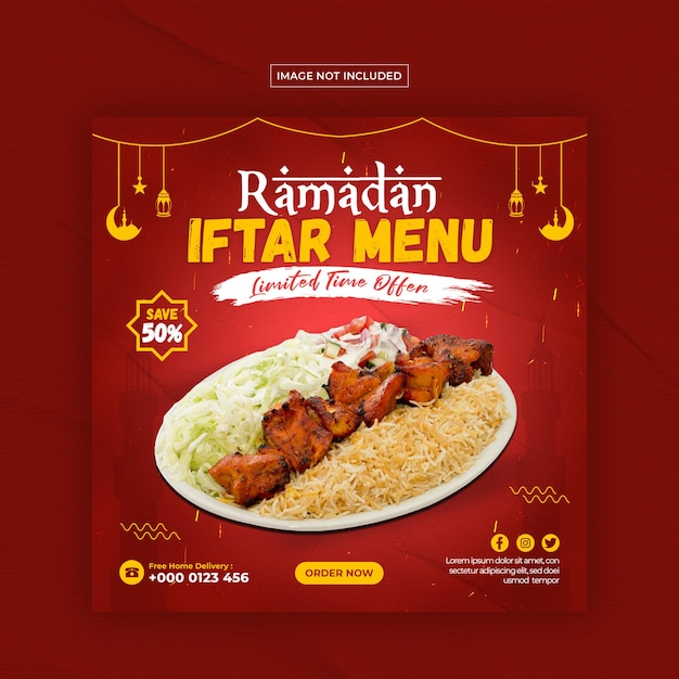 Ramadán Kareem iftar menú de comida plantilla de publicación en redes sociales