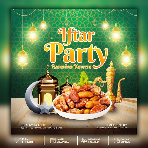 PSD ramadan kareem iftar party invitation plantilla de publicación en redes sociales psd