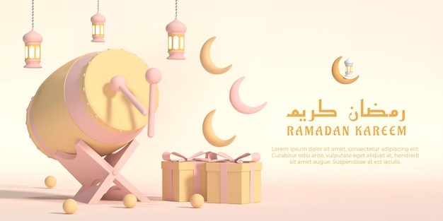 Ramadán kareem ilustración 3d con linterna tambor tradicional media luna y caja de regalo premium psd