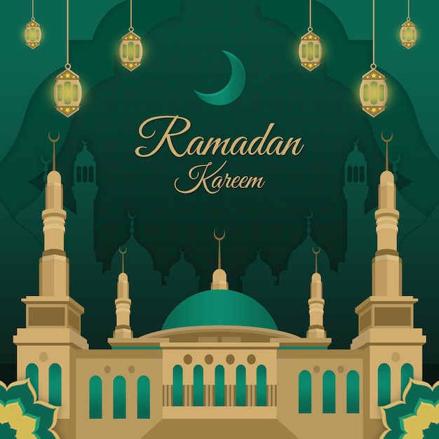 Ramadán kareem con ilustración de mezquita plantilla premium de redes sociales