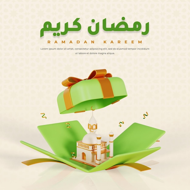 Ramadan Kareem Instapost mit 3D-Ketupat-Moschee in Geschenkbox