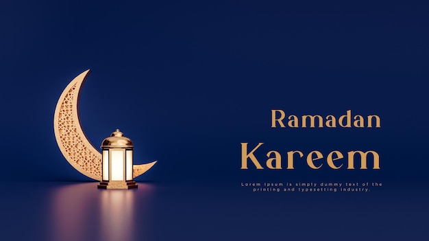 Ramadan kareem islamique croissant lanterne salutations bannière fond or marine rendu 3d