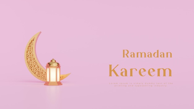 Ramadan kareem islamique croissant lanterne salutations bannière or rose fond rendu 3d