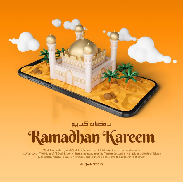 Ramadan Kareem Islamique Saluant Le Post Instagram Des Médias Sociaux Et La Bannière Avec Le Modèle D'illustration 3d