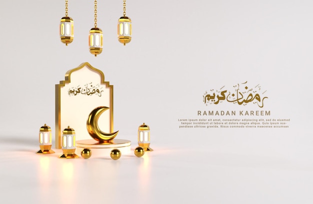 Ramadan Kareem Islamisches Design mit Halbmond drei arabische Laternen, die realistisch 3d hängen