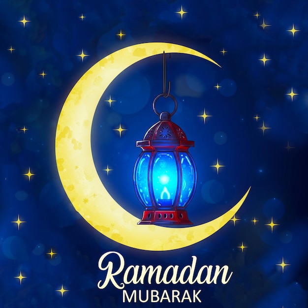 Ramadan Kareem Lanterna árabe à noite no deserto com crescente e Eid Ul Fitr