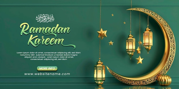 PSD ramadan kareem lanterne et croissant de lune en couleur or sur fond vert modèle de salut de l'aïd