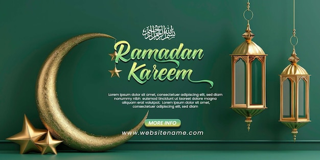 Ramadan kareem Lanterne et croissant de lune en couleur or sur fond vert modèle de salut de l'aïd