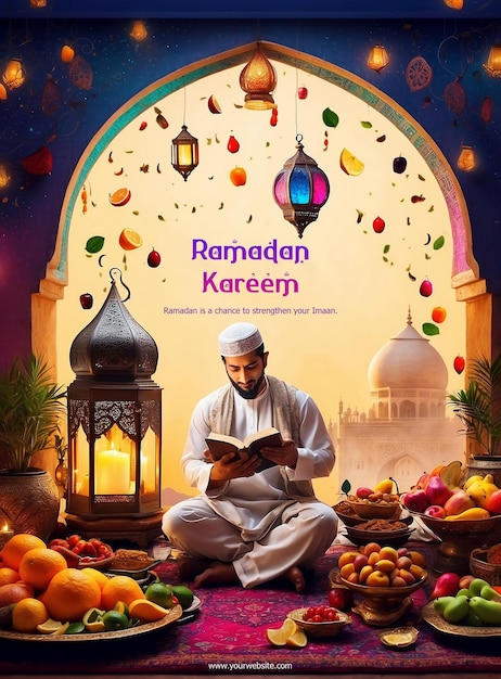 PSD ramadan kareem lujosas linternas de colores y un hombre musulmán leyendo el corán antes del iftar