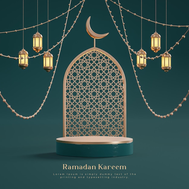 Ramadan kareem luxo realista pódio islâmico 3d fundo de ouro verde 3d render