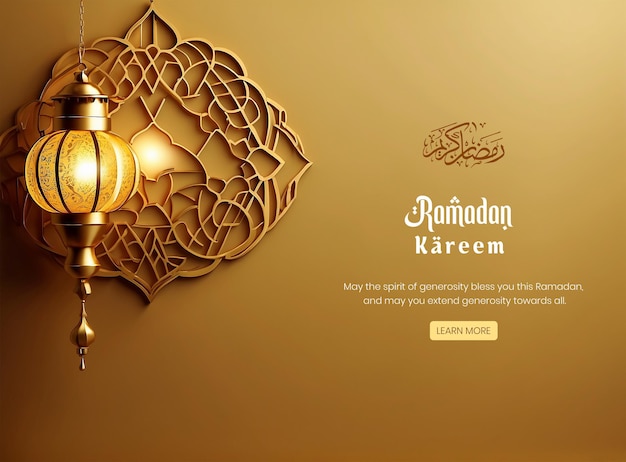 Ramadan Kareem luxuoso desenho de fundo amarelo plano com decoração de lanterna dourada do lado esquerdo
