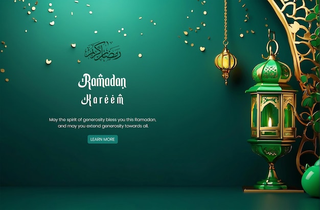 Ramadan kareem luxuriöser dunkelgrüner flacher hintergrund mit dekoration von laternen auf der rechten seite