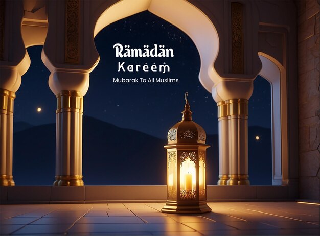 Ramadan kareem luxuriöses blaues mihrab-hintergrunddesign mit goldener laternendekoration 3d-rendering