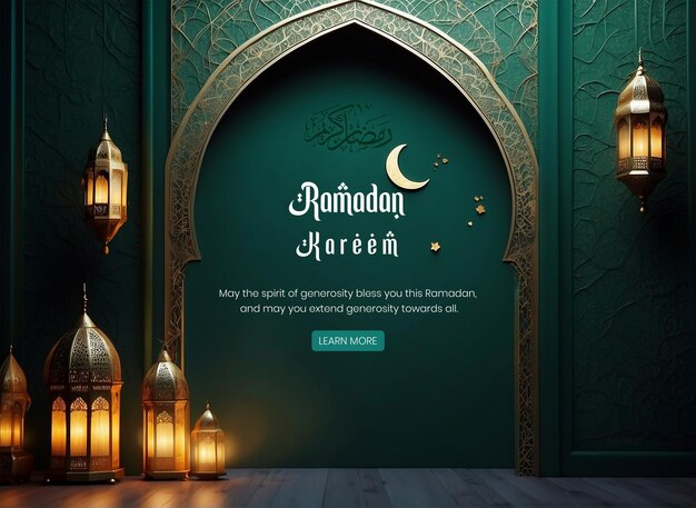 PSD ramadan kareem luxuriöses dunkelgrünes mihrab-hintergrunddesign mit goldener laternendekoration