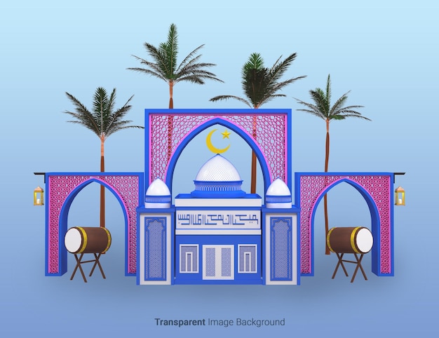 PSD ramadan kareem mit moschee trommel laterne halbmond und stern 3d-rendering isoliert auf weiß