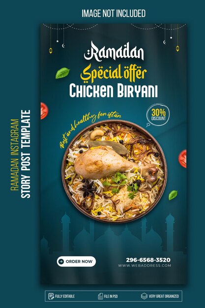 Ramadan Kareem Modello di progettazione di banner alimentari per storie di Instagram e Facebook Psd Premium
