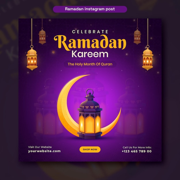 PSD ramadan kareem modelo de design de postagem de mídia social com lua crescente e lanterna