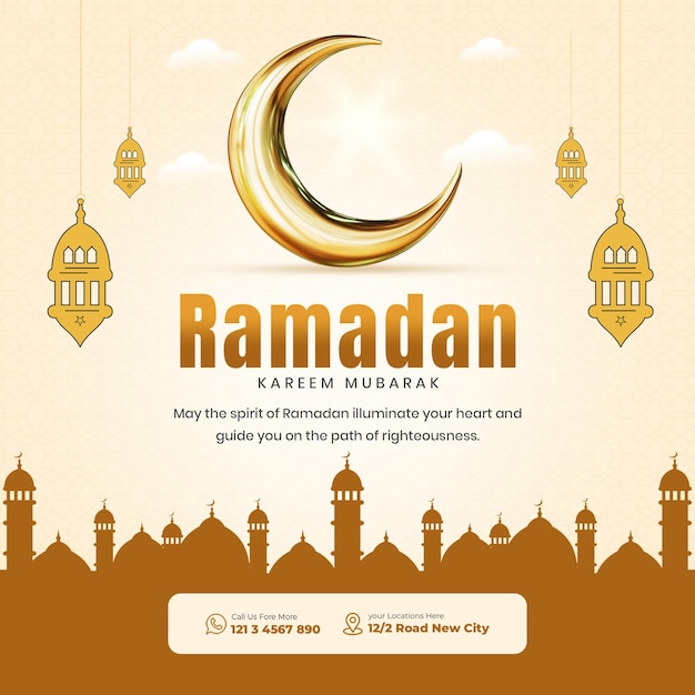 Ramadan Kareem Mubarak Festival Islamico Religioso Banner sui social media o modello di post su Instagram