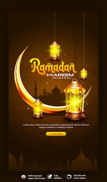 PSD ramadan kareem mubarak fête islamique religieuse sur facebook ou instagram modèle de message d'histoire