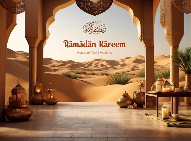 PSD ramadan kareem pintoresca escena de un oasis del desierto adornado con decoraciones