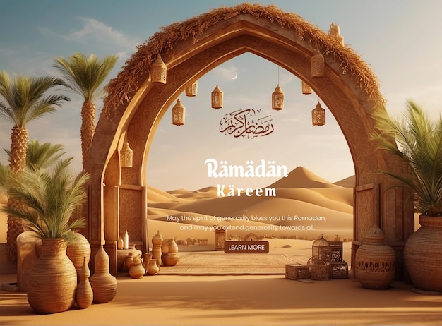 Ramadan kareem pintoresca escena de un oasis del desierto adornado con decoraciones