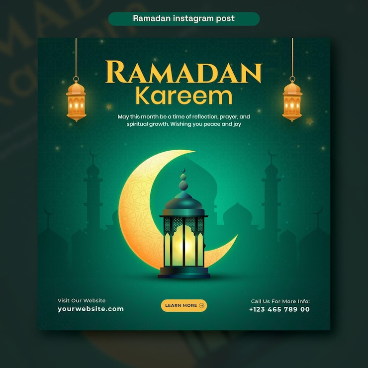 PSD ramadan kareem plantilla de diseño de publicaciones en redes sociales con luna creciente y linterna