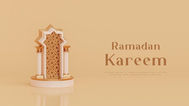 Ramadan Kareem Podium Bannière De Salutations Islamiques Pour Les Médias Sociaux Fond Or Beige Rendu 3d