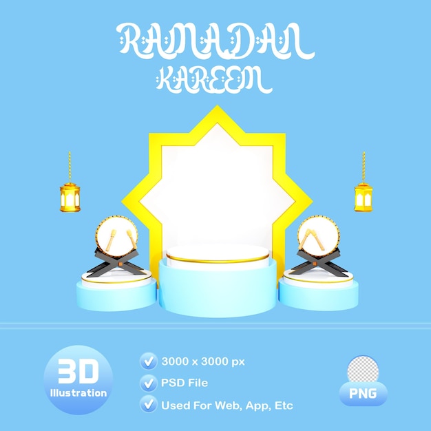 PSD ramadan kareem podium mit wanze und laterne 3d-illustration