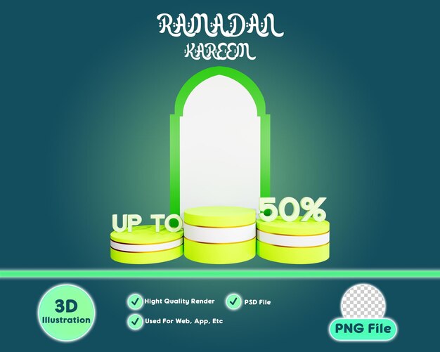 Ramadan kareem podium con texto hasta un 50 por ciento de ilustración 3d