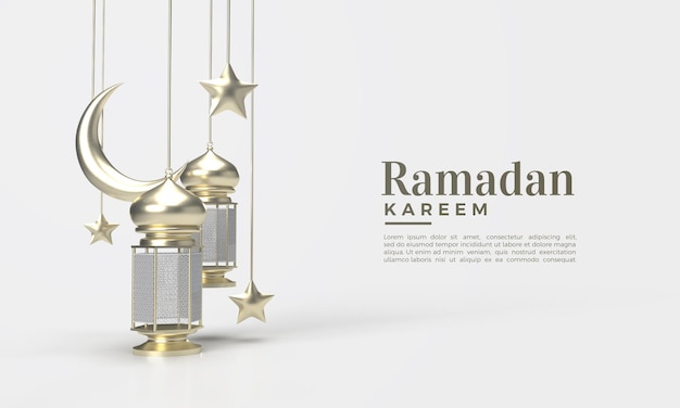 Ramadán kareem render 3d con ilustración de lámpara y contenedor lunar