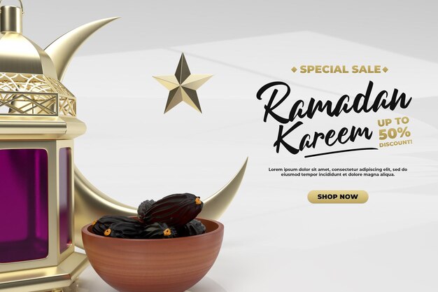 Ramadán kareem render 3d simple realista para publicación de celebración y promoción