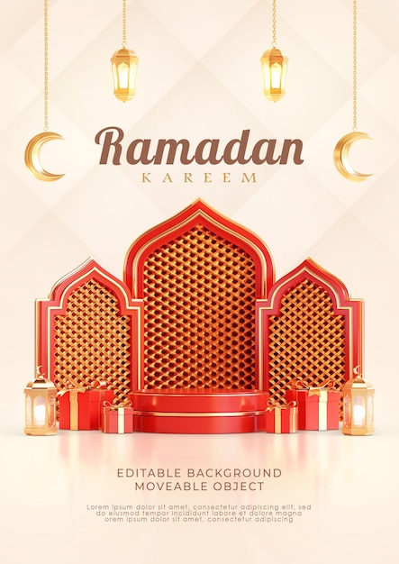 PSD ramadán kareem saludo folleto póster 3d podio islámico árabe linterna luna creciente rojo