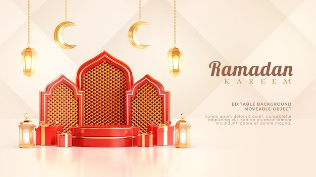 Ramadán kareem saludo fondo 3d podio árabe islámico linterna luna creciente rojo