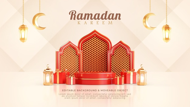 Ramadán Kareem Saludo Fondo 3d Podio Islámico Árabe Linterna Luna Creciente Rojo