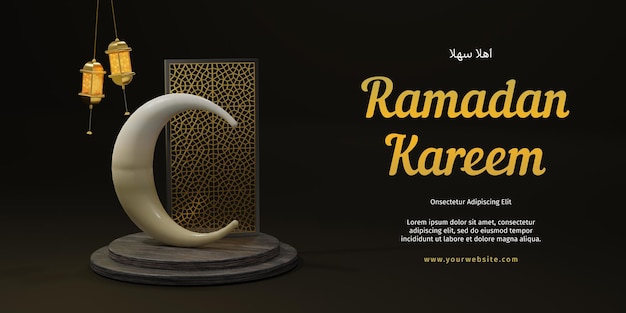 PSD ramadan kareem saludo fondo renderizado 3d con media luna islámica y linternas