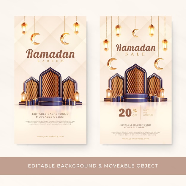Ramadán Kareem Saludo Historias 3d Podio Islámico Árabe Linterna Luna creciente Azul Azul marino