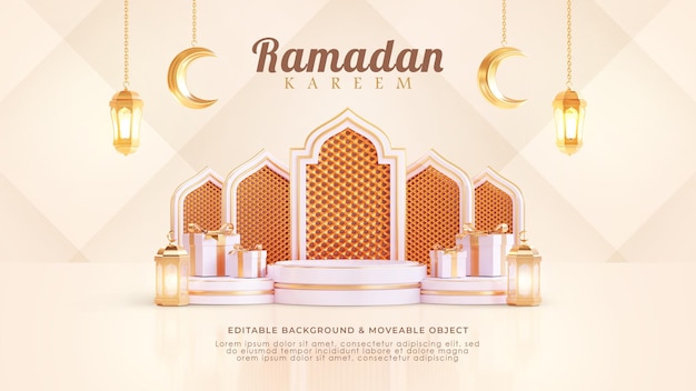 Ramadan kareem saudação fundo 3d pódio islâmico árabe lanterna lua crescente branca