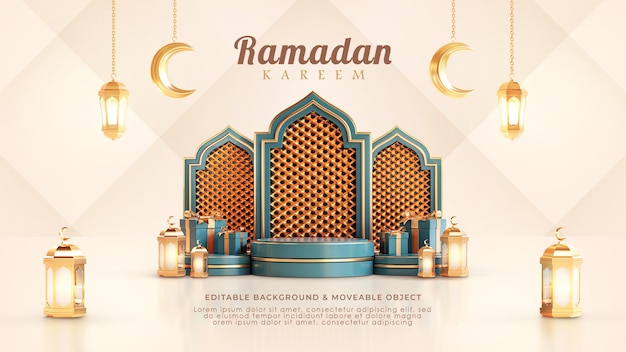 PSD ramadan kareem saudação fundo 3d pódio lanterna árabe islâmica lua crescente verde ciano