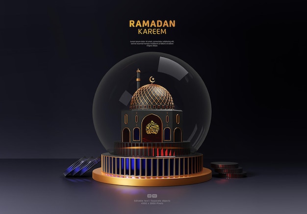 Ramadan kareem saudação fundo decorado com pódio 3d e mesquita de luxo em caixa de vidro
