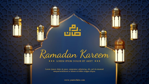 Ramadan kareem saudação islâmica fundo com estrela de lanterna de lua crescente e padrão árabe e caligrafia