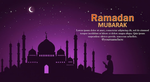 Ramadan Kareem Schöne Moschee in der Nacht mit Halbmond und Eid Ul Fitr Hintergrund