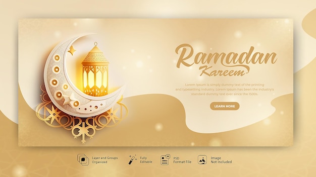 Ramadan kareem social media banner mit goldenem hintergrund und einer laterne