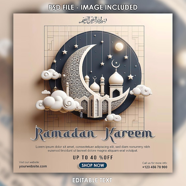 Ramadan kareem social media post de un cartel para el ramadán con una mezquita y una luna