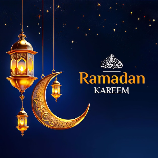 Ramadan Kareem Social Media Post Template Banner con lanterne e luna renderizzate in 3D