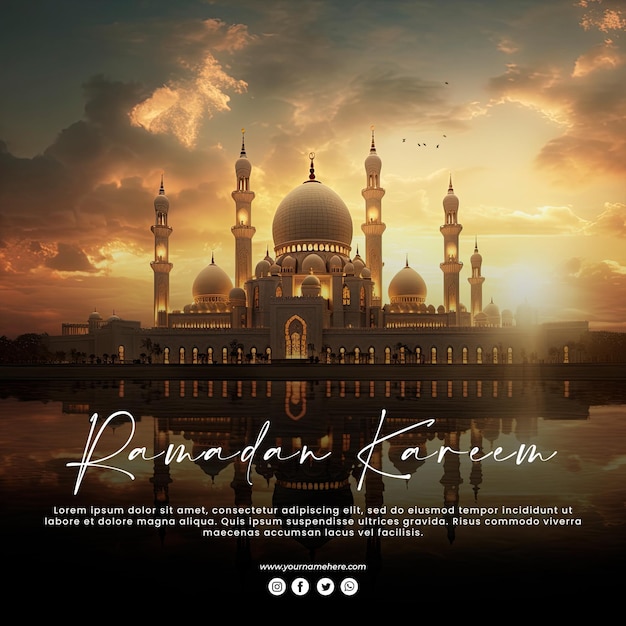 PSD ramadan-kareem-social-media-vorlage mit einem sehr schönen moschee-hintergrund