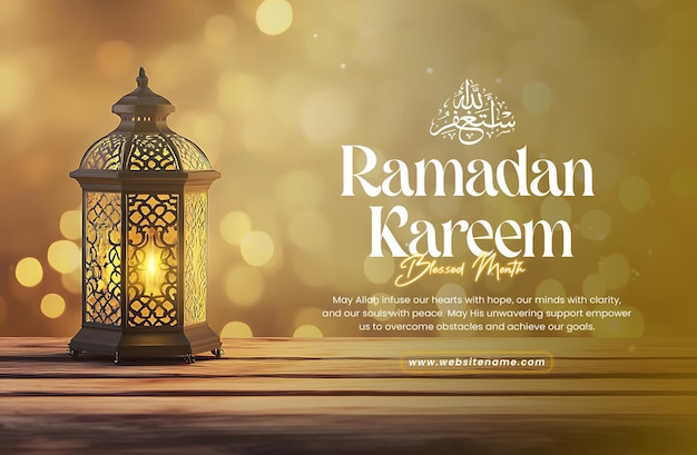 Ramadan Kareem sui social media con Ornate Ramadan Lantern su un tavolo di legno rustico